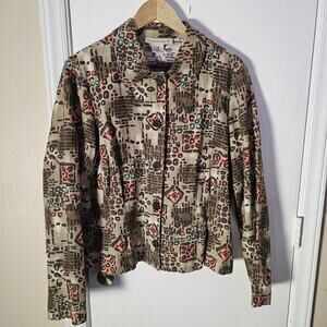 Linen Blend Short Button Front Jacket Sz XL Brown Coral Turquoise Western Earthy